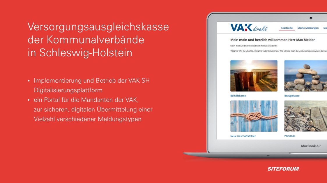SITEFORUM Use Case: VAKdirekt ein Mitgliederportal der Versorgungsausgleichskasse der Kommunalverbände in Schleswig-Holstein (VAK). Dient dem sicheren und medienbruchfreien Informationsaustausch zwischen Mitgliedern und der #VAK. #Digitalisierung #Digital
buff.ly/2LduUqt