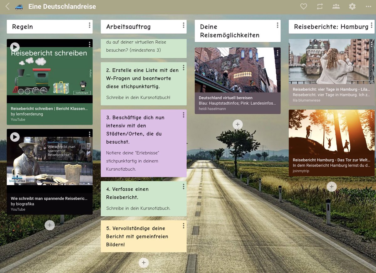 heidihaselmann's tweet photo. Angeregt durch das wunderbare Padlet „Deutschland virtuell bereisen“ von der großartigen @belden_trixi werden meine SuS diese Woche Reiseberichte verfassen.

Ich freue mich auf spannende Deutschstunden mit viel Reiselust 🚲🚘🛵🚞🚇🚂
#DankeMaria #twlz #BayernEdu https://t.co/FMnrG2I9pn