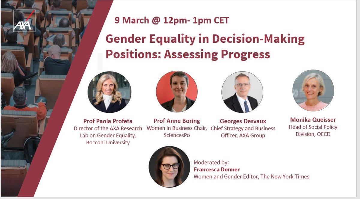 AXA's tweet photo. Looking forward to hearing our panelist discuss the role #policy interventions can play in reducing the #gendergap in both the public and private sectors.

Join the live webinar https://t.co/eKJDcwssFU

 hosted by #AXAResearchFund Lab on Gender and Equality @Unibocconi https://t.co/qaQumw1QGk