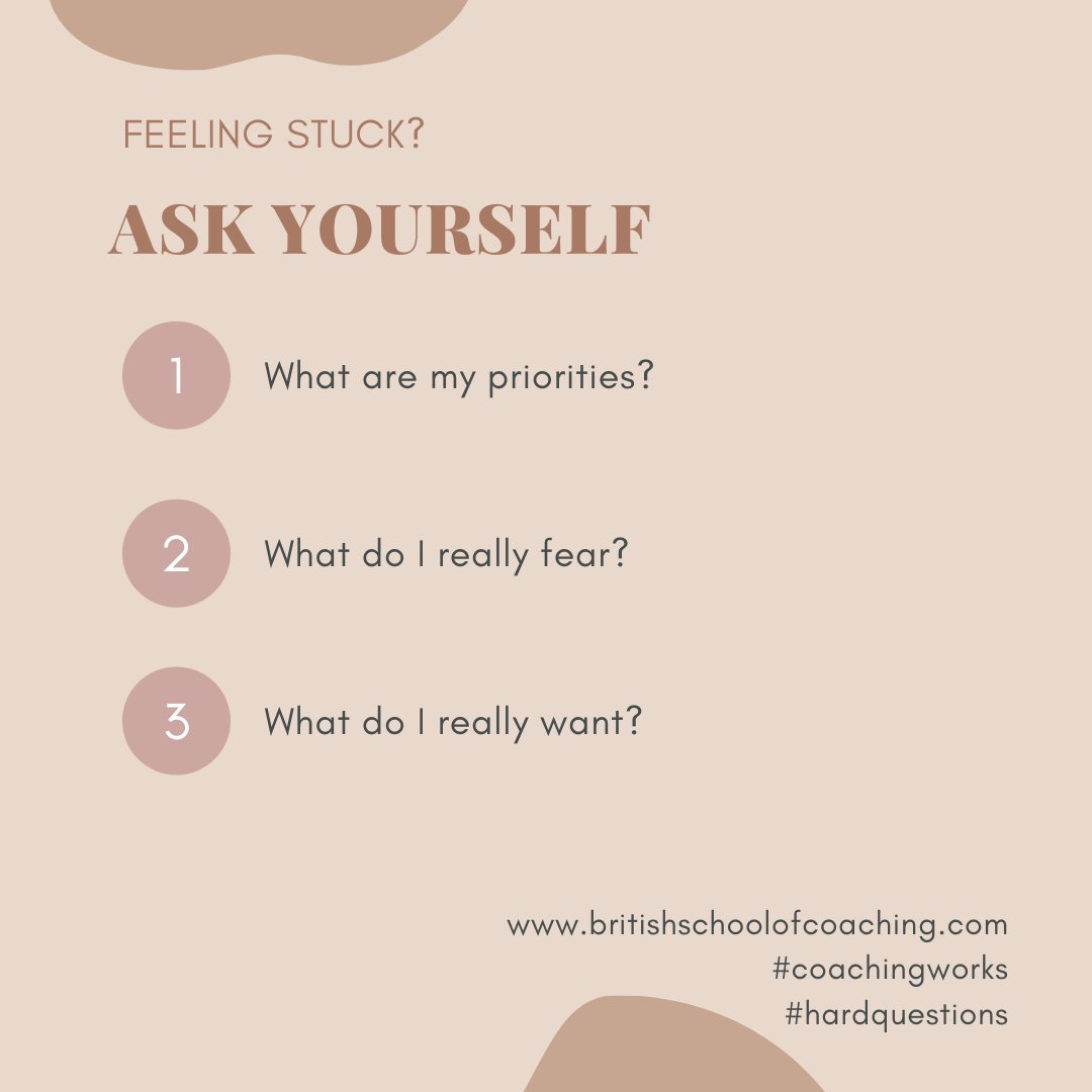 Feeling stuck? These questions may help. #tuesdaymotivation #self #questions #coachingworks #priorities #bsc4coaching #knowingyourself