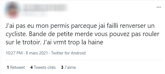 n°231
❌ Réussir l'examen du permis de conduire
❌ Se remettre en question
❌ Connaitre le code de la route
✅ Insulter les cyclistes
✅ Diffuser ses insultes sur un réseau social