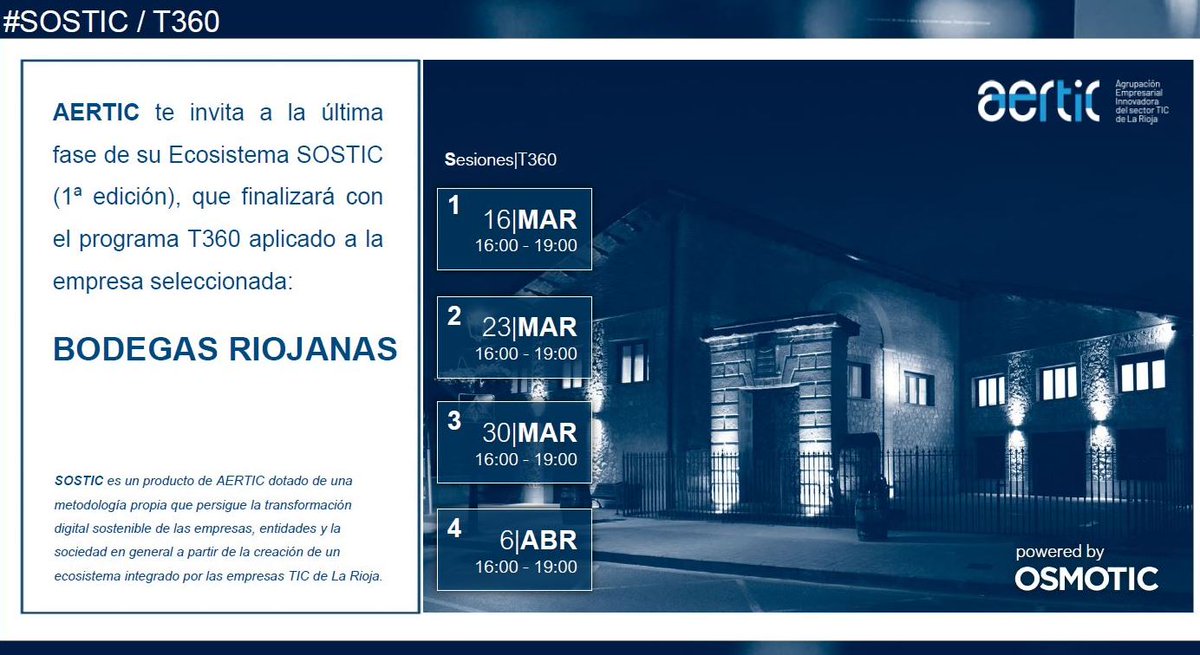 _lariojadigital's tweet photo. ➡@AERTIC inicia la última fase de su Ecosistema #SOSTIC de apoyo a empresas aplicando el Programa #T360 a @bodegasriojanas
📅 MAR-16, 16H. Primera sesión
Podéis inscribiros en👉 https://t.co/rmP2IAp5Pa
🚨Plazas limitadas, incripciones hasta el 12 marzo
#RiojaTIC #FactorT https://t.co/MoVxZHwwaB