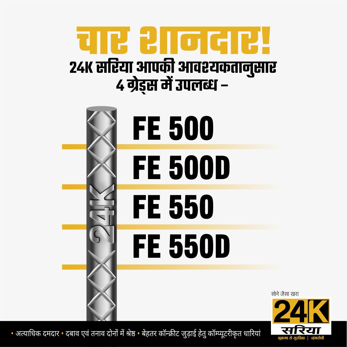 24Ksariya's tweet photo. 24K Sariya is available in 4 different grades to suitable different requirements for various types of construction. 
___
#24K #Sariya #TMT #TMTsariya #BhookampRodhi #CorrosionResistance #EarthquakeResistance #Construction #Building https://t.co/JToyBJApMy