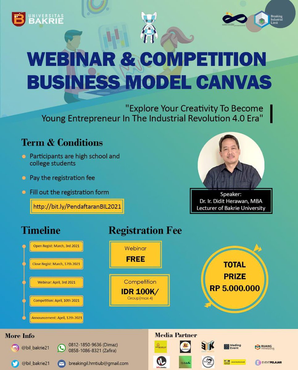 BVOICE_RADIO's tweet image. [OPEN REGISTRATION BREAKING INDUSTRIAL LIMIT 2021] •

Kali ini BIL 2021 akan mengadakan webinar dan kompetisi Business Model Canvas yang dapat diikuti oleh siswa SMA/sederajat dan Mahasiswa seluruh Indonesia.

Tunggu apalagi, yuk cek instagram @bil_bakrie21 !!

#BIL2021
#HMTIUB