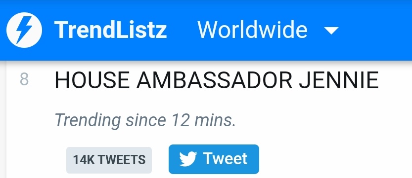 maingrljennie's tweet photo. [📣] 'HOUSE AMBASSADOR JENNIE' is currently trending Worldwide at #8.

#JenniexCHANELFW2021
@CHANEL @BLACKPINK https://t.co/cI4N2tnqmV