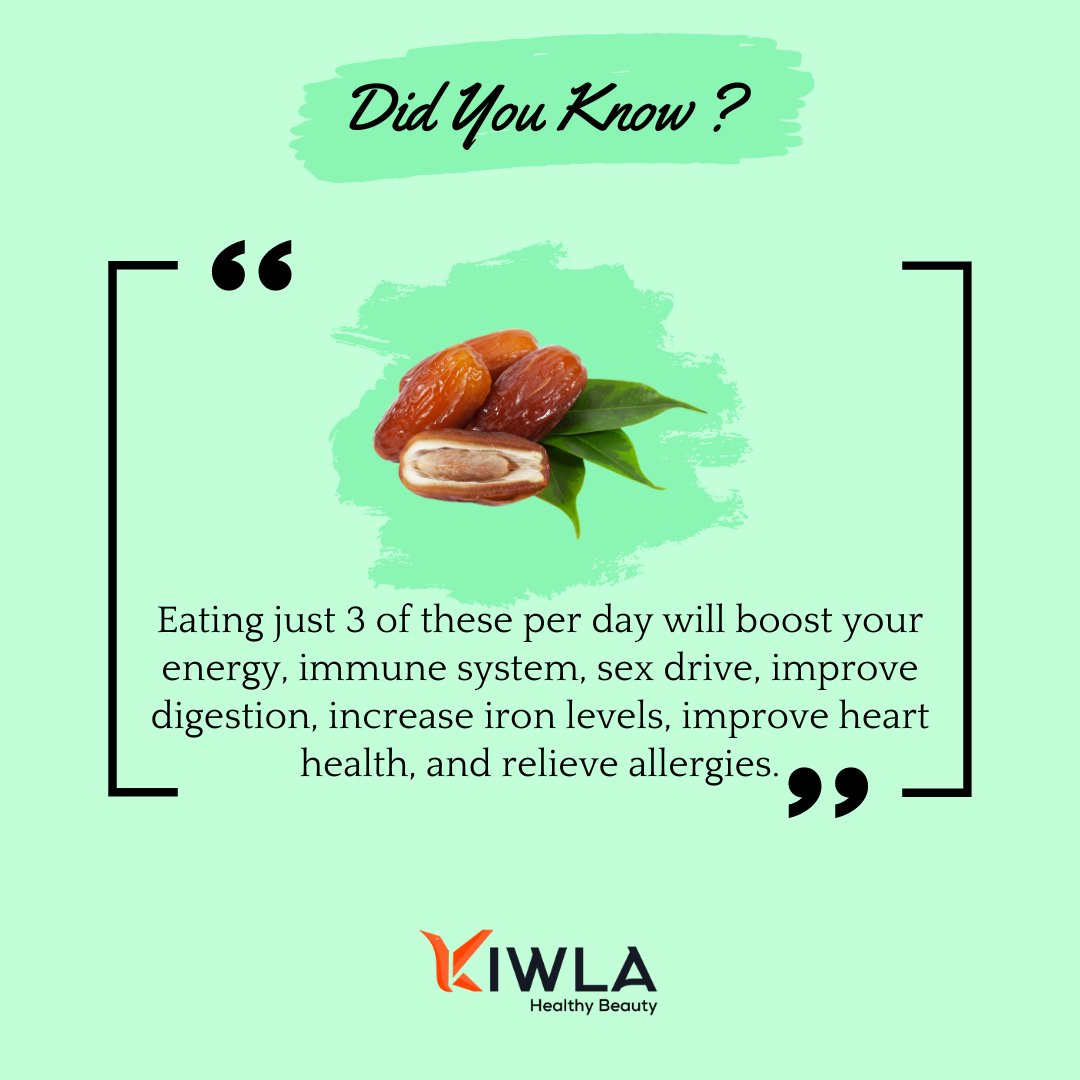 thekiwla's tweet photo. Why you need to eat 3 dates every day..?
#dates #date #eatdates #datesforhealth #energy #energybooster #immunebooster #sexdrive #Improvedigestion #digestion #digestivehealth #ironlevels #hearthealth #eathealthy #livehealthy #relieveallergies
#healthybeauty
#thekiwla @thekiwla https://t.co/8v4GRmC68y
