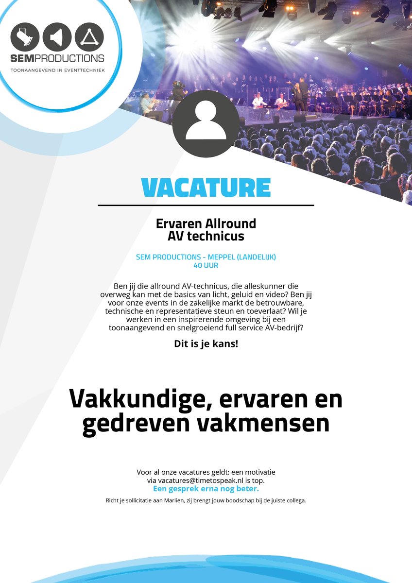 Ben jij de ervaren allround AV-technicus die we zoeken? Dan komen we graag met je in contact! #semproductions #timetospeak #vacature #allroundavtechnicus #avtechnicus #vakman #eventbranche

bit.ly/3q7aCNv