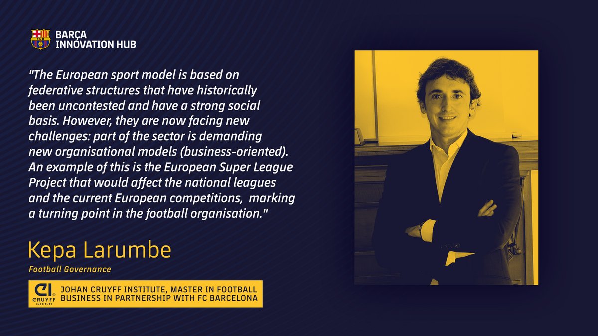 Sports expert <a href="/KepaLarumbe/">Kepa Larumbe</a> talks Football Governance ⚽️🌏explaining its evolution towards a corporate governance model, i.e. internal organisation of Federations &amp; Leagues move towards standards of “business world”. 🎓Master in Football Business, <a href="/CruyffInstitute/">Johan Cruyff Institute</a> #LearnWithBarça