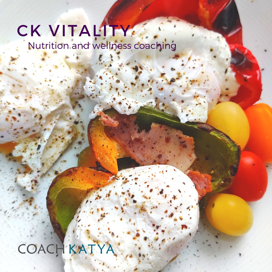 I love eggs coupled with vegetables in the morning or any time of day. This protein- and fiber-rich meal keeps me satiated longer. 

Poached eggs, grilled peppers, fresh baby pump tomatoes, and a slice of back bacon. 
#thisiswhatieat #vitality #nutrition #coaching