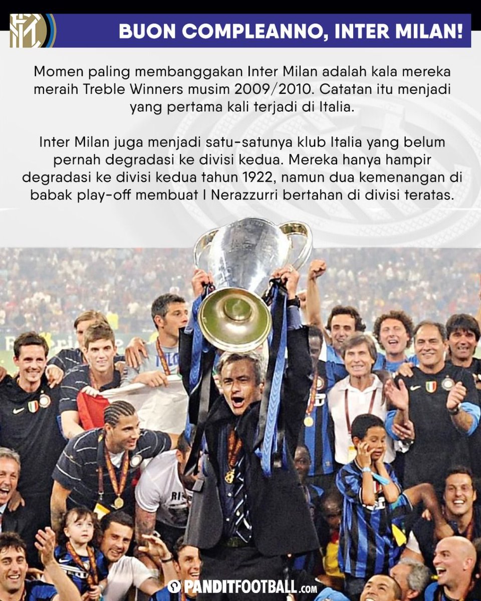 Buon Compleanno, Inter Milan! Klub ini lahir pada 9 Maret 1908 dengan semangat revolusi dan perlawanan. La Beneamata menorehkan tinta emas sebagai klub Serie A yang belum pernah degradasi.

Apa momen yang paling kalian ingat dari Internazionale Milan?