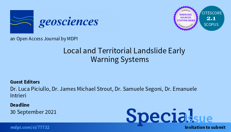 Want to contribute to the <a href="/MDPIOpenAccess/">MDPI</a> Geosciences special issue “Local and Territorial Landslide Early Warning Systems" with NGI guest editors Dr. <a href="/LucaPiciullo/">LUCA PICIULLO</a> and Dr. <a href="/Strout_JM/">James Strout</a>? Deadline: 30 September 2021 👇bit.ly/2O6zAQr #publishing #landslides #onsafeground