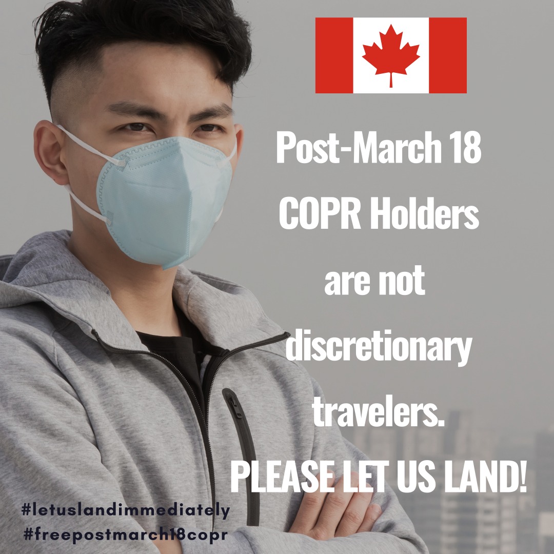 COPRPOSTMARCH18's tweet photo. Immigrants are not discretionary travelers, we have planned and waited for this for so long. The travel ban should not be placed on future Canadians, please reconsider @CitImmCanada @marcomendicino 
#Free_COPR_Post_March18
#LetUsLandImmediately 
#Canada_immigrationvisa https://t.co/A8OLrMU9dK