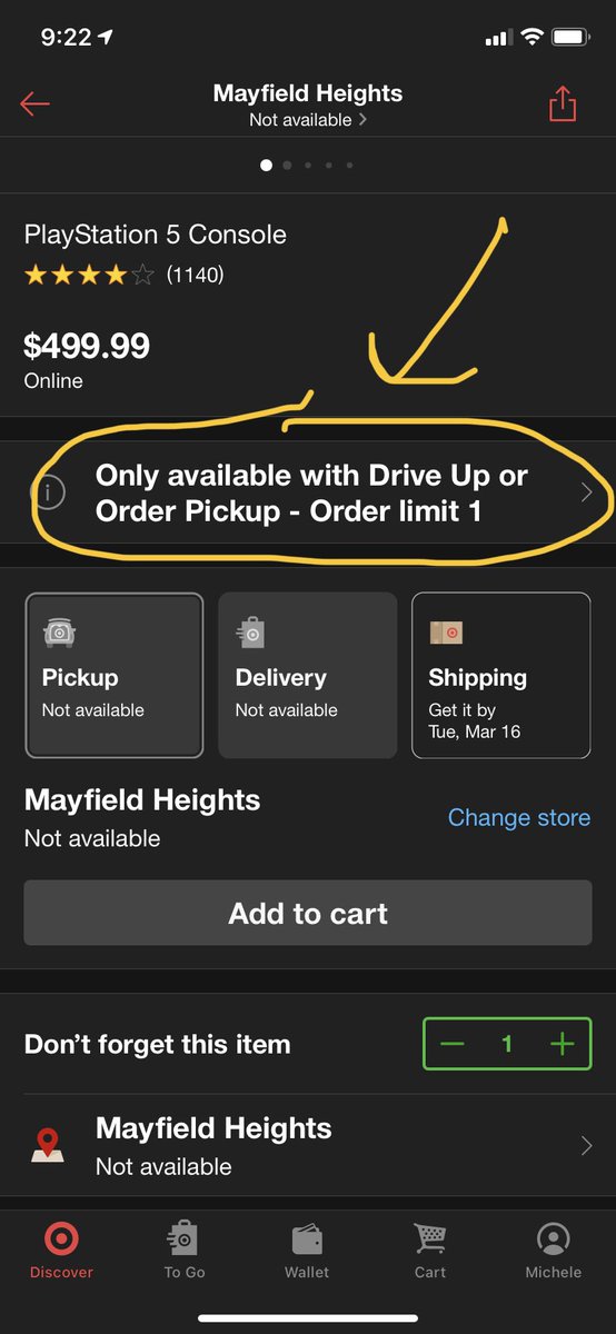 MaxwellsMomm's tweet photo. @Anthonybubbles @PS5StockAlerts It says available for drive up pick up only so I think because shipping is defaulted I got that error! 🤬🤬 sick of this trash https://t.co/nePiNXnNkT