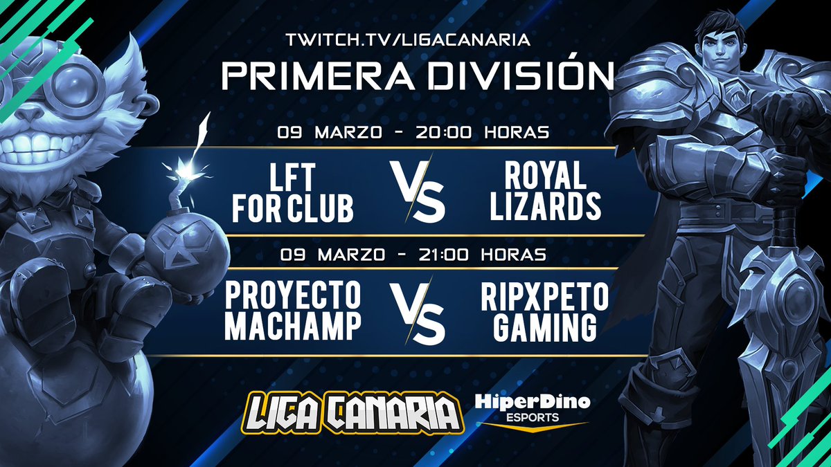 LigaCanaria's tweet photo. ¿Preparad@s para más League of Legends de primera división? 🤩👏 #LigaCanariaHD @Rudegar @Janier999
20h - #LFTForClub VS @Royalizards
21h - #ProyectoMachamp VS #RipxpetoGaming
En https://t.co/JTvrVR2zMT https://t.co/ZHonYfowkz