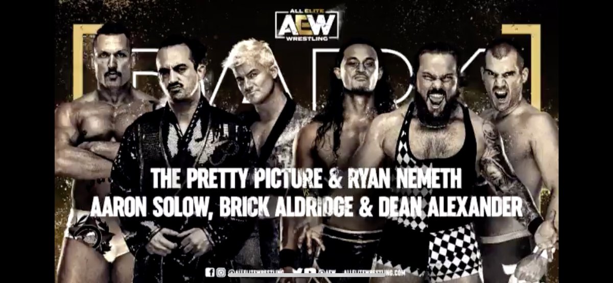 JoeScottMFC's tweet photo. Tonight #AEWDark
@CezarBononi_’ @PAvalon & @HotYoungBriley v @aaronsolow’ #BrickAldridge & #DeanAlexander https://t.co/dRg0IvtOEn