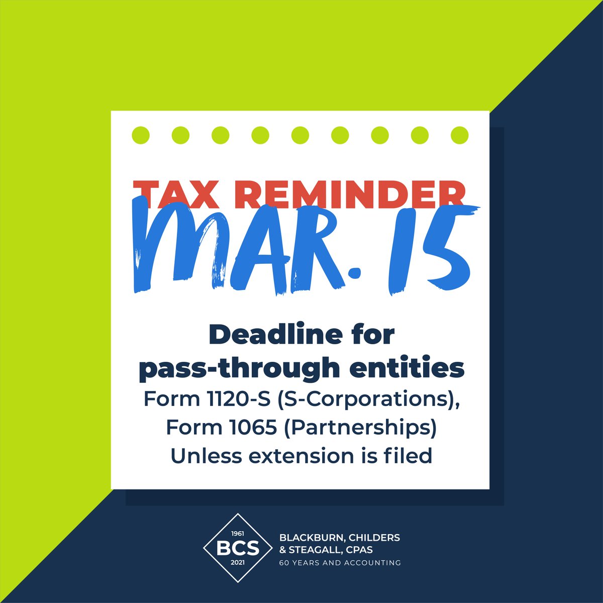 It's TAX REMINDER TUESDAY! Let us know if you need any assistance with your taxes this year. 

#taxseason #weareBCSCPA #60YearsAccounting