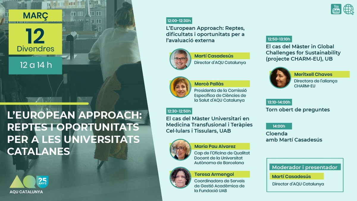 aqucatalunya's tweet photo. Organitzem el seminari web "L’European Approach: reptes i oportunitats per a les universitats catalanes" 

📹en directe al nostre canal de Youtube
📆divendres, 12 de març
🕛12h
🔗Inscriu-te! https://t.co/emGTNZIr3A

Per saber-ne més... 👉https://t.co/VYKLmeOySh

#EuropeanApproach https://t.co/jdGcim34VY