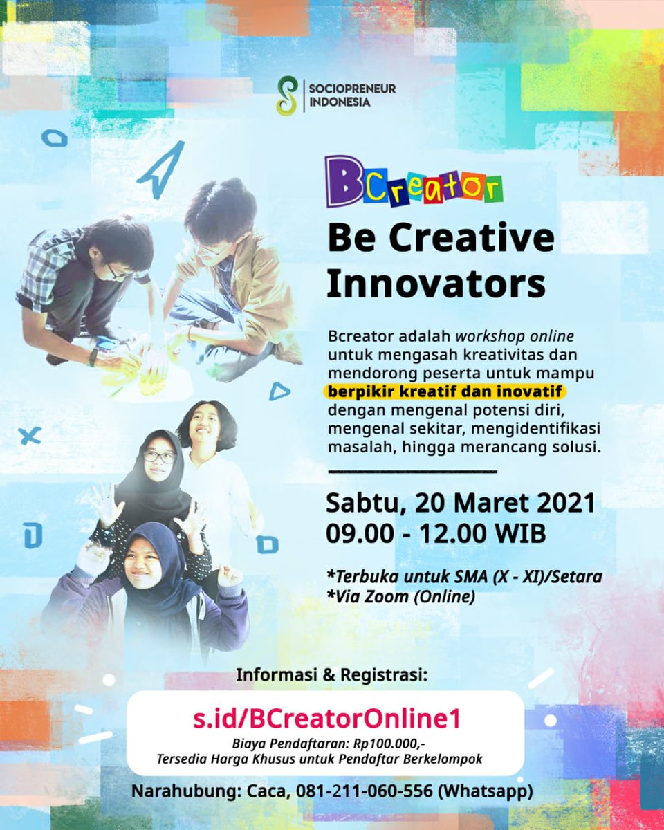 IDsociopreneur's tweet photo. #BCreator! Be Creative Innovators
Bln Maret ini, #SociopreneurID kembali mempromosikan #EntrepreneurshipEducation dg mengadakan #workshop online Be Creative Innovators (BCreator). Program ini ditujukan kepada anak SMA (X - XI) sederajat. ππ¨π¦π§ https://t.co/RrVHp6C9Qi