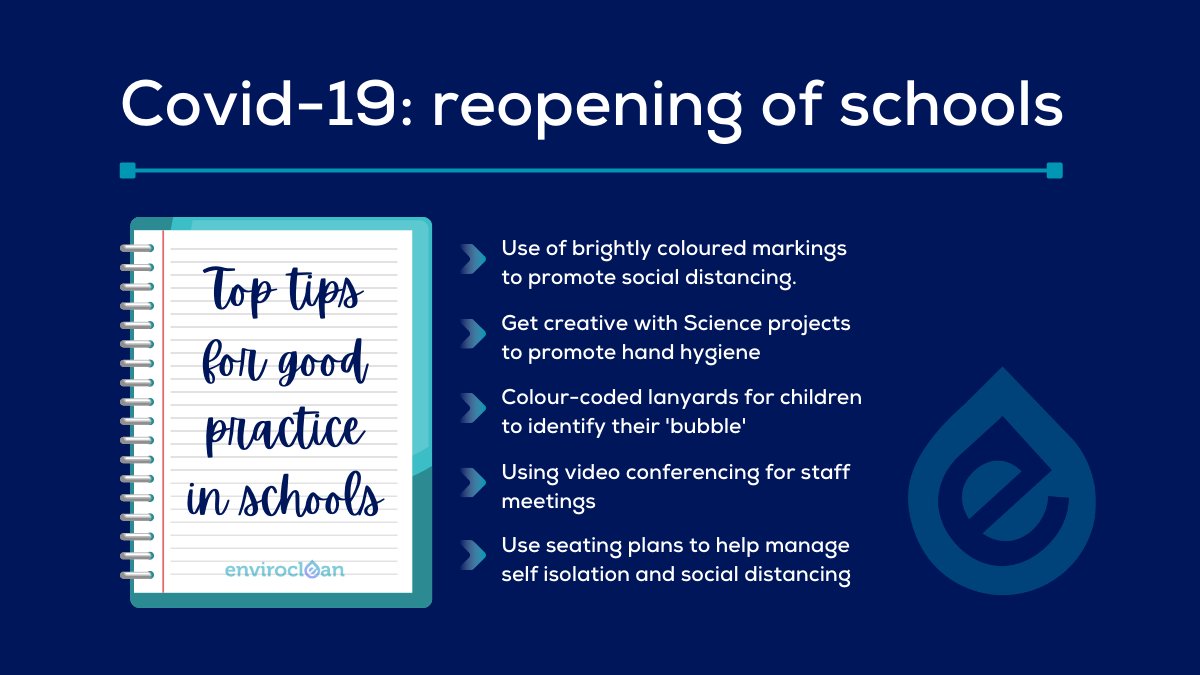 Enviroclean9's tweet photo. The @H_S_E have spoken a lot about guidance for schools re-opening recently - you can see some of their tips for best practice below which we think are excellent. Access their full guidance here: https://t.co/VG5j7lsJwX

#Education #Covid19 #HealthAndSafety https://t.co/IB9G0LfOhp
