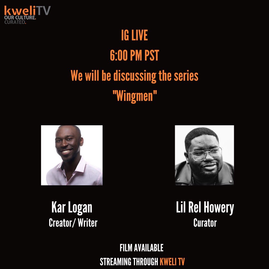 karlogan_'s tweet photo. Aight so boom, tonight at 6PM PST/9PM EST I’m going on IG Live with @LilRel4 to talk creative processes and my comedy series @wingmenwebshow🍻 which is now streaming on @kweliTV 

See y’all tonight! https://t.co/oIYJfiOT5C