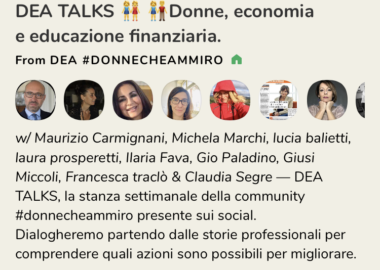 maucarmi's tweet photo. DEA TALKS. Donne, economia e educazione finanziaria. Stasera 9 marzo alle 19 su Clubhouse - https://t.co/ddj8QzkVSZ https://t.co/FLUTo4Vp2M