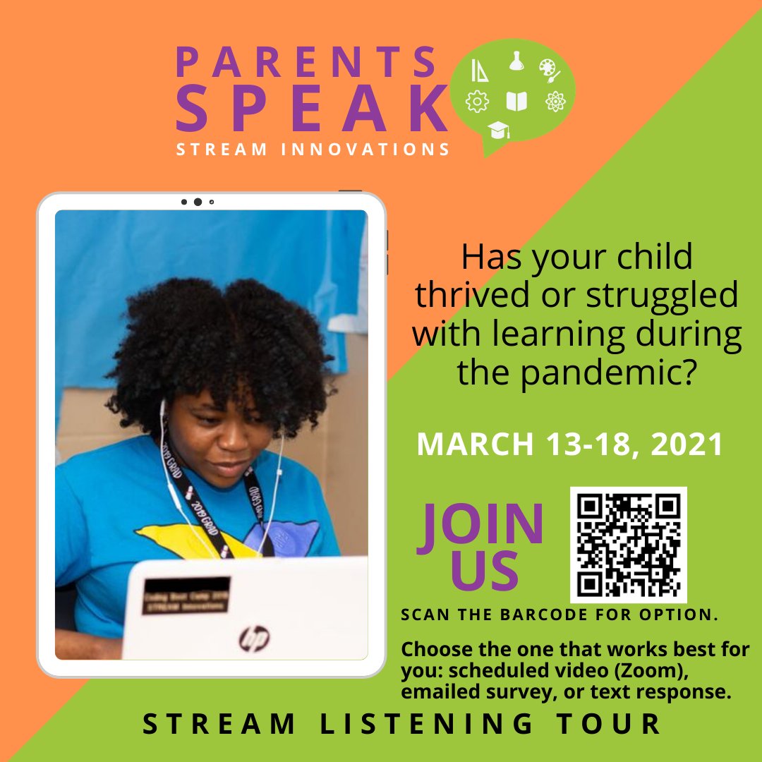 StreamInnovate's tweet photo. Be sure to take part in a great opportunity as STREAM Innovations hosts a Listening Tour with parents to hear about their child's learning experience during the pandemic.

Sign up for the Listening Tour at: 
https://t.co/dYge4UZ9xE

#STREAMInnovations https://t.co/DVRKndIk1O