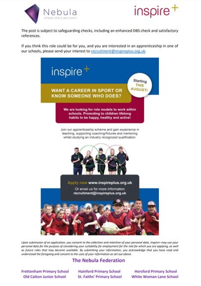 HorsfordPrimary's tweet photo. Please see the attached for details of P.E., Sport and Wellbeing Apprenticeships starting on 23rd August 2021 at The Nebula Federation. Details attached and at https://t.co/WhLD6RLYfM https://t.co/etnTmkcE0M