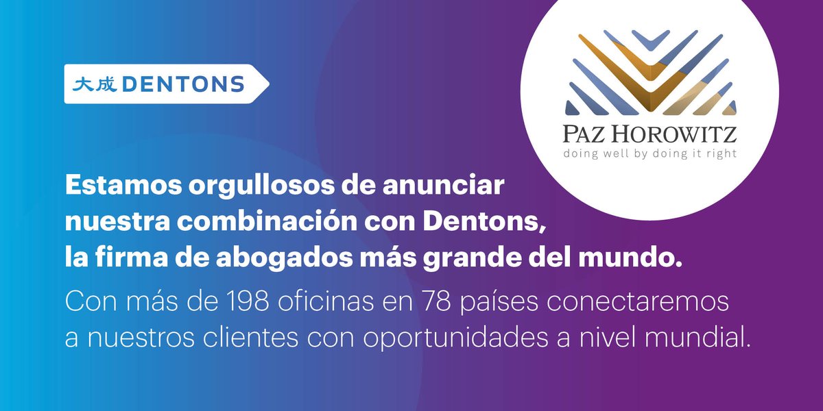 Hoy compartimos con ustedes grandes noticias ¡Nos internacionalizamos! Con esta acción apuntamos a mejorar los servicios que prestamos, con nuevos sistemas tecnológicos y alto nivel de seguridad que solo una firma Global puede dar. 

Conoce más en: bit.ly/DentonsPazHoro…