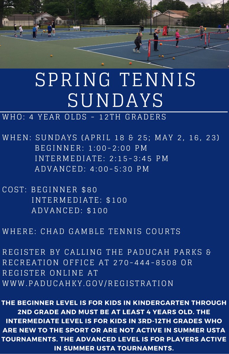 PaducahParks's tweet image. Registration is now open for Spring Tennis Sundays. This is for kids in Kindergarten through 12th grade. You can register by phone at 270-444-8508 or online at paducahky.gov/registration. For more information, visit paducahky.gov/youth-tennis.