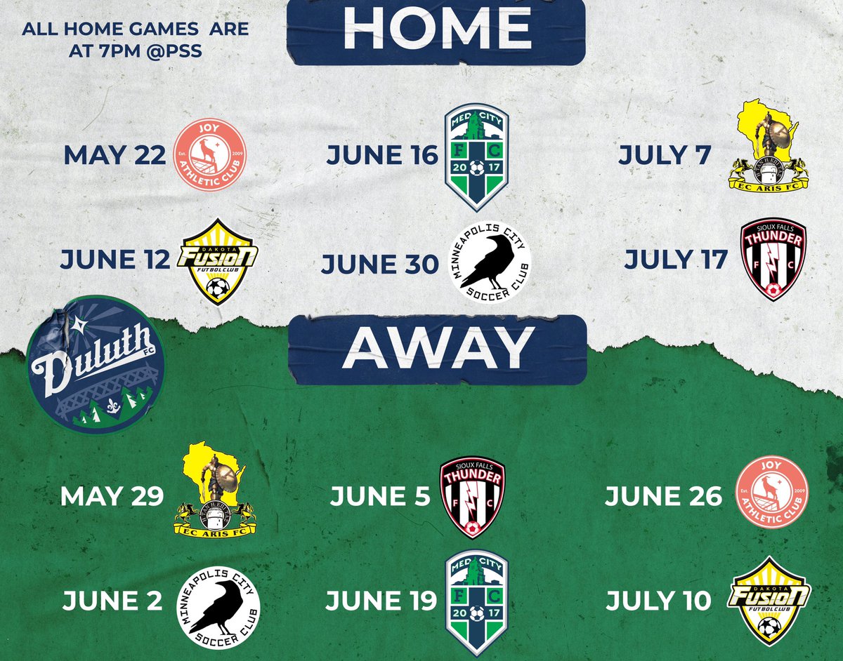 DuluthFC's tweet photo. ICYMI: The 2021 schedule is here. Now in color! We can’t wait for the season to start! #Bluegreens 💙💚 https://t.co/kHG1rzOh2P