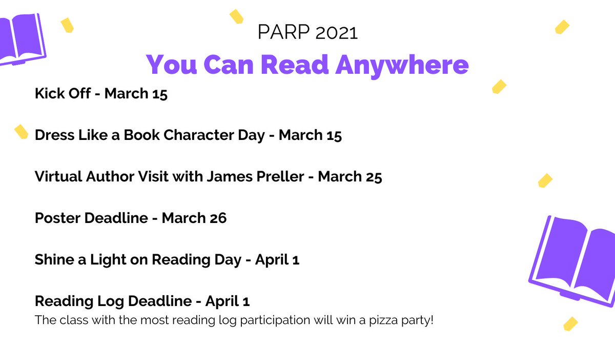 We'll be kicking off our annual PARP (Pick a Reading Partner) program on Monday! Mark your calendars for all the fun things we have planned.