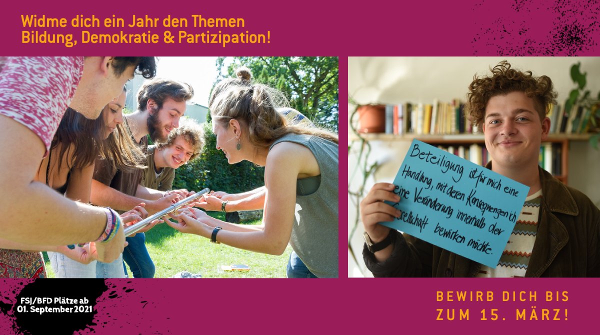 Schule vorbei, was nun? Mach einen #BFD o. ein #FSJ zu den Themen #Bildung, #Demokratie &amp; #Partizipation. Mit dabei sind u.a. <a href="/informatikradar/">Gesellschaft für Informatik e.V.</a> <a href="/tincon/">tincon</a> <a href="/sjb_ev/">Servicestelle Jugendbeteiligung</a> <a href="/VCDeV/">VCD</a> <a href="/jungetueftler/">Junge Tueftler*innen</a> <a href="/SOZIALHELDEN/">SOZIALHELD*INNEN</a> <a href="/SchwarzkopfStfg/">Schwarzkopf Foundation</a> <a href="/okfde/">Open Knowledge Foundation Deutschland</a> 
Mehr Infos: fj-beteiligung.de/bewerbung/