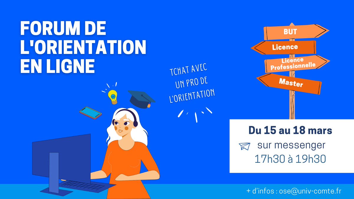 #Forum en ligne
Licences, #licences pro et #masters, envie de #changement ?
Du 15 au 19 mars, RDV tous les soirs de 17h30 à 19h sur Messenger pour participer au forum en ligne "que faire après un bac +2" et "Masters".
actu.univ-fcomte.fr/node/8448#.YD-…