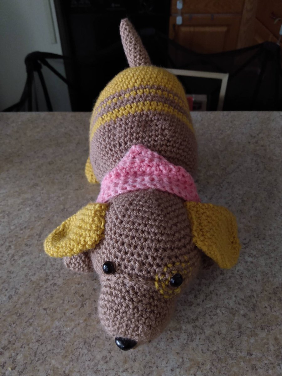 BearCraft88's tweet photo. Just finished crocheting this playful tan and yellow pup wearing a pink bandana, named Sunflower. She would love to come home and play with you. 
#crochet #crochetbearsandotheranimals #canine #dog #playful #tan #yellow #pink #bandana #adopt #adoptme #crocheted #crochetedanimal https://t.co/CnxtE7QmQV