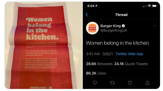 leslie_lbh's tweet photo. I was not mad @Burgerking tweet for international women day. Was it insensitive? It's borderline. 
What about yesterday receiving a dozen emails with promo codes to get a treat. Redline. We were celebrating women fighting to get the same rights as men do. #socialmediamarketing https://t.co/62NGHxHK7h