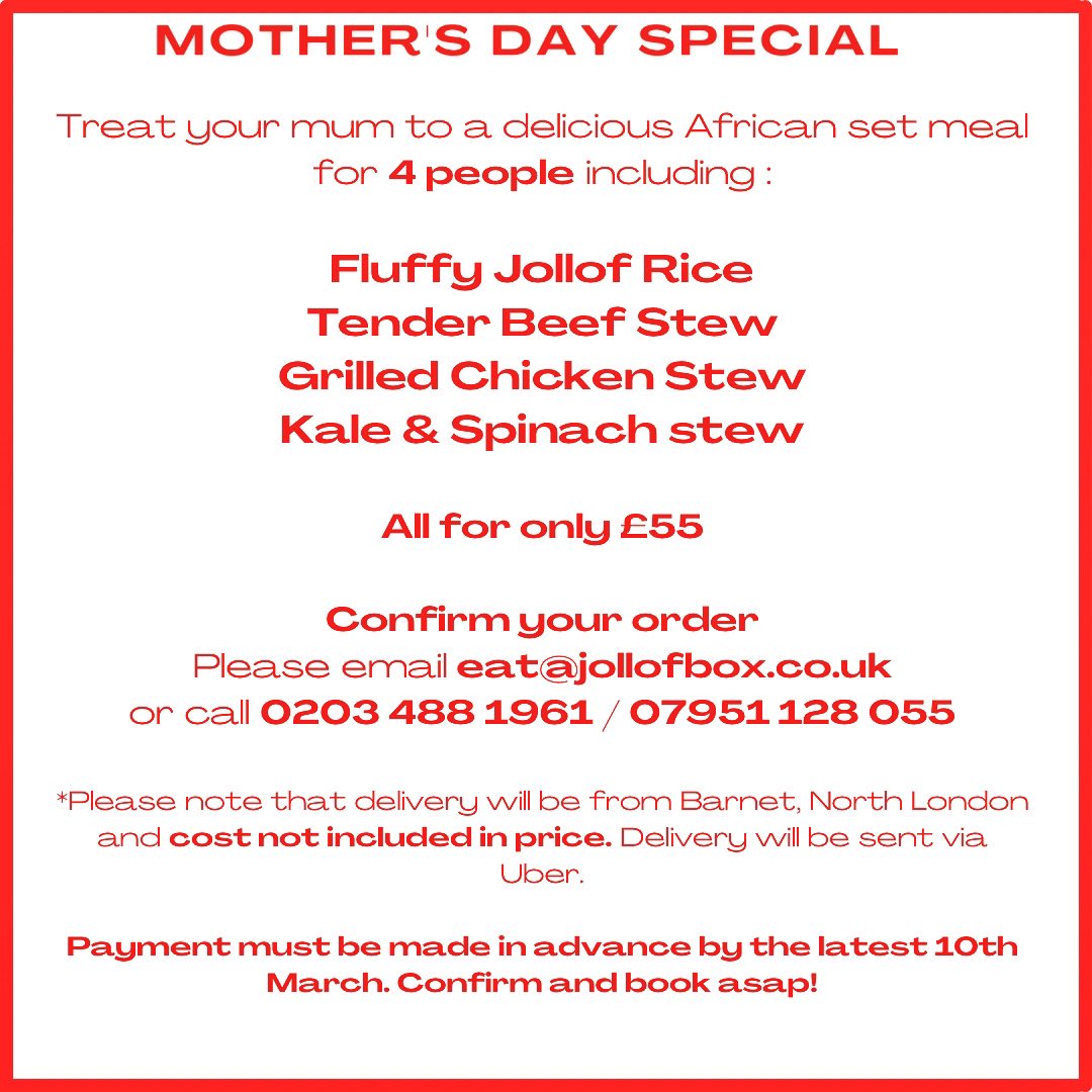 Treat your mum to a Mother’s Day African Meal Special!!!