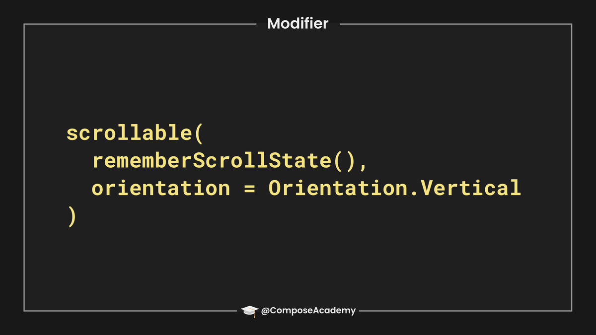 Droid_Academy_'s tweet photo. Need to support scrolling in your composable? Using the scrollable modifier allows us to enable scrolling for the specified composable, giving the ability to display content that may extend from the visible area of the screen 📜 #JetpackCompose #AndroidDev #ComposeTips https://t.co/FRHyLlWIBA