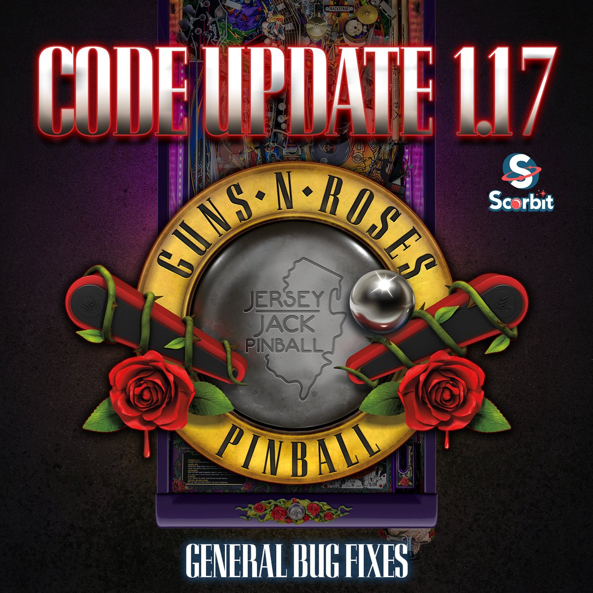 JJPinball's tweet image. Code update v1.17 for Guns N&apos; Roses &apos;Not In This Lifetime&apos; pinball includes general bug fixes and improvements. 

View Change-Log: marketing.jerseyjackpinball.com/gnr/gnr_change…

Additional update links can be found at:
jerseyjackpinball.com/support/

#jerseyjackpinball #Scorbit #codeupdate #gnrpinball