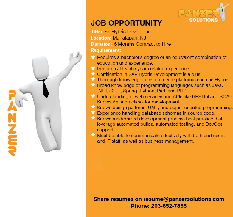 panzersolution's tweet image. Job Title: Sr. Hybris Developer
Location: Manalapan, New Jersey
Share resumes on resume@panzersolutions.com
Or for more info click on the below link

panzersolutions.com/view_job_oppor…

#PanzerSolutions #HybrisDeveloper #Hybris #Developer #panzerjobs #jobseekers #Latestjobs #Jobs #JobSeeker