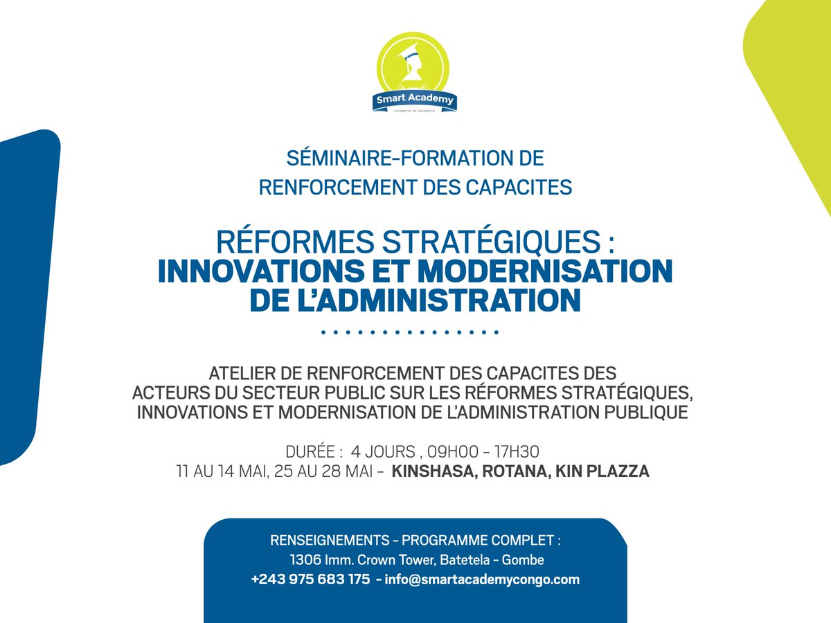 SmartCongo's tweet photo. Séminaire de renforcement des capacités sur les reformes stratégiques, innovations et modernisation de l'administration publique.

Renforcer et optimiser les compétences des acteurs du secteur public

Pour obtenir le programme de la formation, écrivez à info@smartacademycongo.com https://t.co/8OvdzhGS71