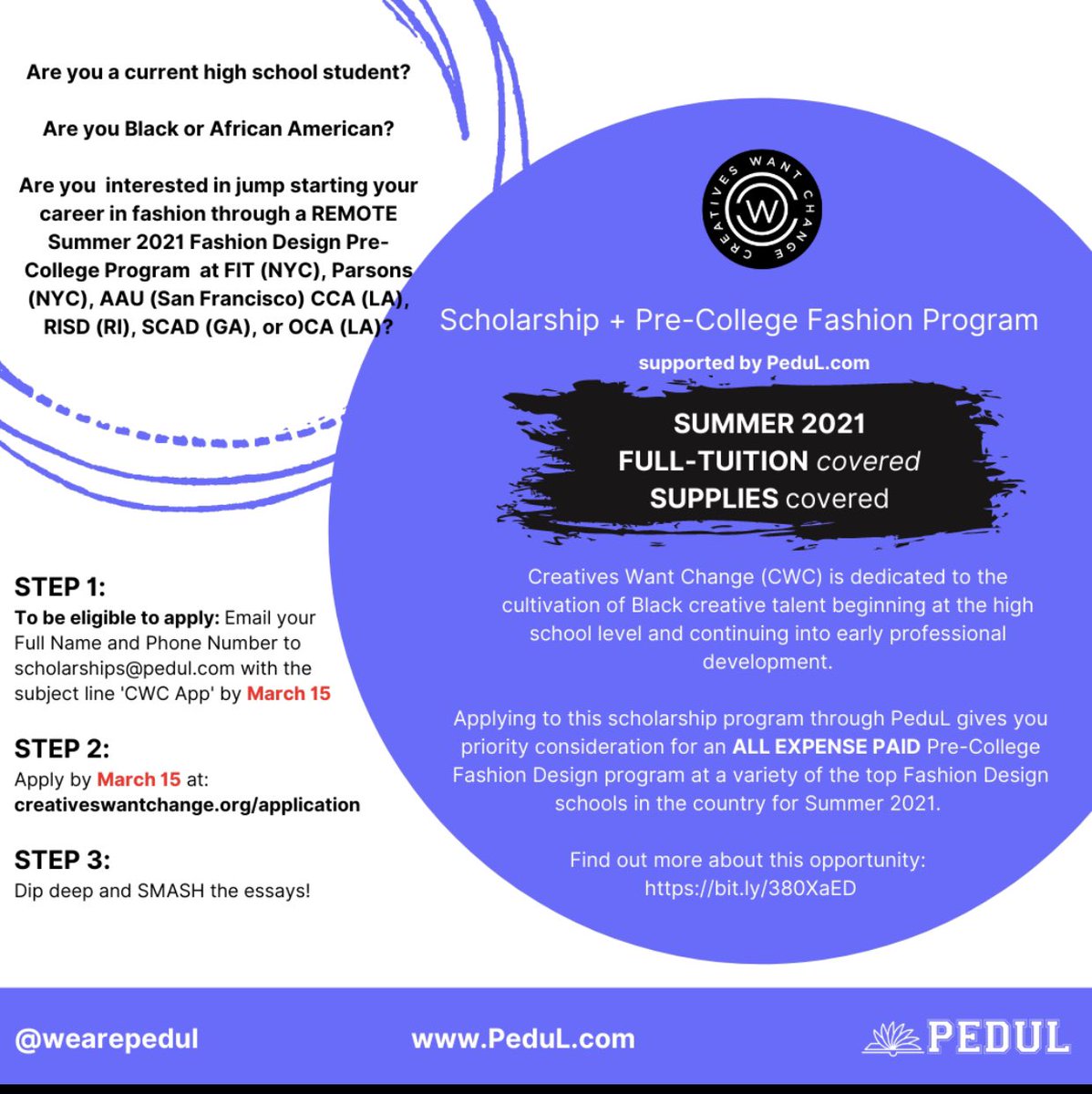 cvsaapn's tweet photo. If you are an African American high school student interested in fashion, apply for a REMOTE Summer 2021 Fashion Design Pre-college Program. ❗️Application is due MARCH 15th❗️More information and application link is attached ⬇️

https://t.co/jCFKfzabp3 https://t.co/A9jx6IN99Y