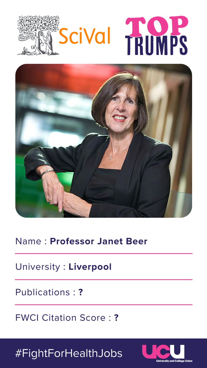 First up in #LUCUTopTrumps is our Vice Chancellor Janet Beer. @LivUni senior managers expect people to have a FWCI score above 2.0 or their livelihood could be at risk. Vote how you think Janet would score in the next tweet. #FightForHealthJobs