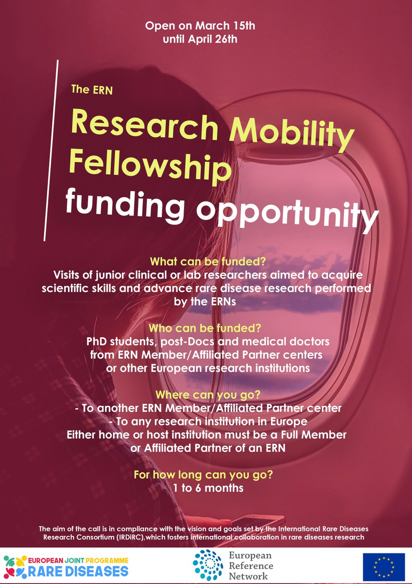 ERDERA_org's tweet photo. Are you a #PhD, #MedicalDoctor, or #PostDoc?
The ERN Research Mobility Fellowship funding opportunity opening on March 15th, allow you to get new competences and knowledge in an institution outside of your country!
More information here: https://t.co/tuYtUqhm8u https://t.co/dKv7fft8ra