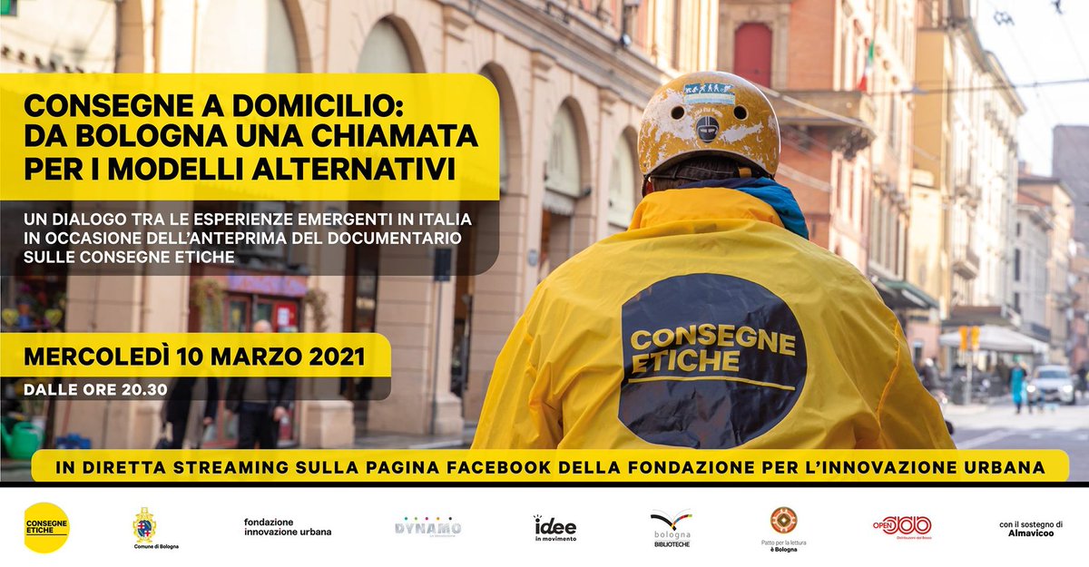 🚴‍♀️ 🚴 Consegne a domicilio: domani alle 20.30 sulla pagina Facebook di <a href="/FondazioneIU/">Fondazione IU Rusconi Ghigi</a> presentazione del video documentario sul progetto #ConsegneEtiche e dialogo tra esperienze emergenti in Italia.
Info qui 👉 fondazioneinnovazioneurbana.it/45-uncategoris… #Bologna