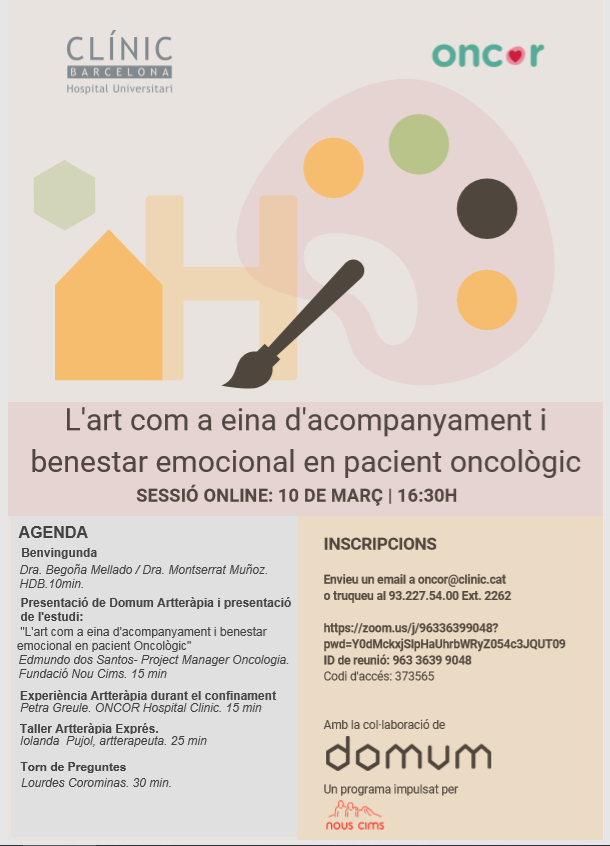 Jornada Virtual d'Artterapia aquest 10 de Març. Treballant sempre per millorar el benestar dels pacients oncològics. <a href="/hospitalclinic/">Hospital Clínic</a> Coordina Edmundo dos Santos, Dra <a href="/begona_mellado/">Begoña Mellado</a> i Dra <a href="/MuozMateu/">Montserrat Muñoz Mateu</a>! Registre per participar a Oncor@clinic.cat. Us esperem. @nouscims