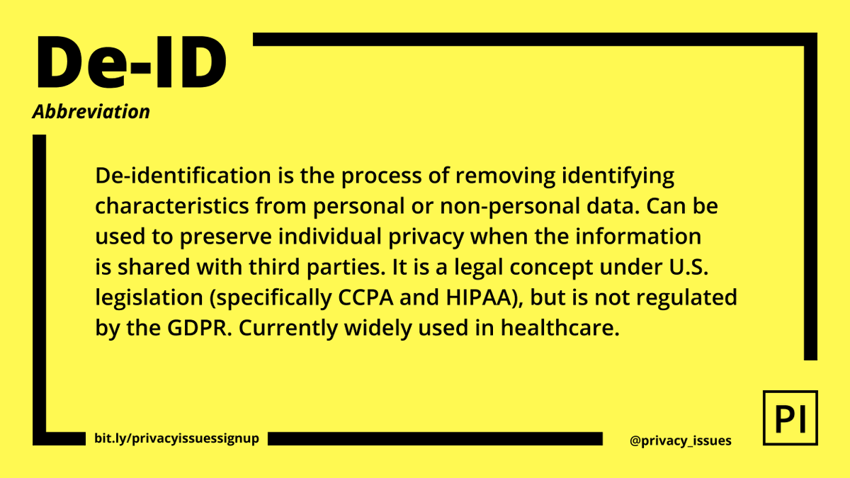 privacy_issues's tweet image. Tuesday is #GlossaryPI day. 

The process of de-identification involves removing, masking, generalizing or deleting elements of data directly or indirectly identifying an object or a person. Data can be re-identified if combined with additional data.

#tuesdaytip
#SharingIsCaring