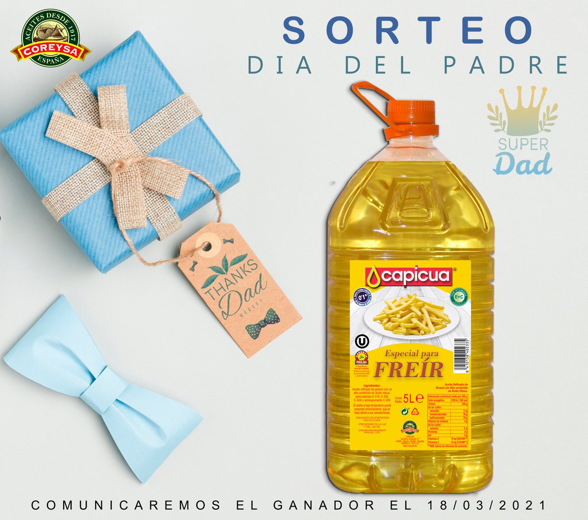Coreysa_Capicua's tweet photo. ‼️🙆‍♂️‼️ SORTEO DIA DEL PADRE ‼️🙋‍♂️‼️

🆙🆙Sorteamos 3 garrafas de Aceite Especial para Freír de 5 Litros

Ve a nuestro facebook y participa: https://t.co/5xDqKFa0JA https://t.co/e4jccx6Ajh