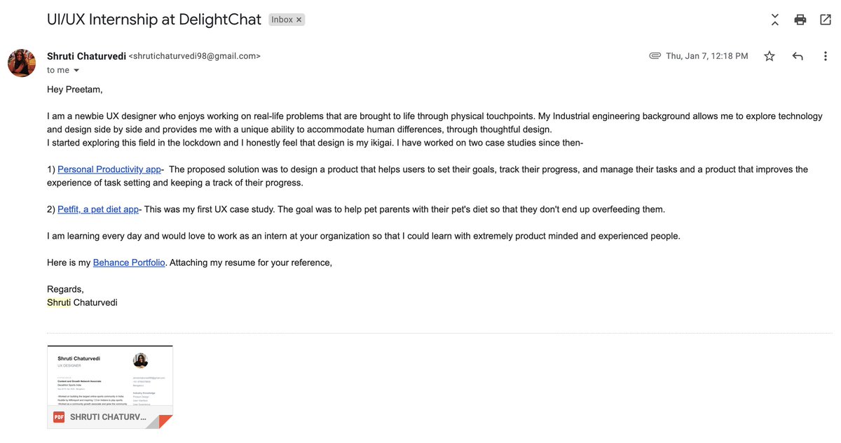 hipreetam93's tweet image. 🌟 How we hired our first product designer

Shruti reached out with a fantastic email saying:
• why design is important to her
• links to detailed (and impressive) case studies

0.01% people this kind of effort.

2 weeks later, she joined full-time!

Read about her journey 👇