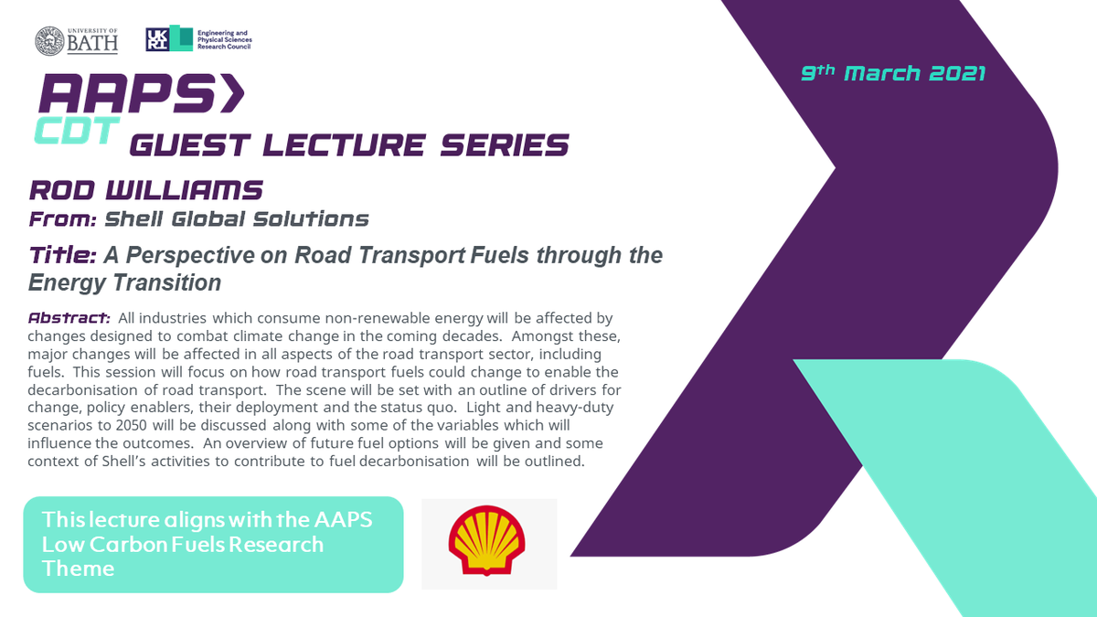 AapsCdt's tweet photo. We are looking forward to hearing from Rod Williams from 
@Shell_UKLtd as part of our #AAPSCDT #GuestLectureSeries this afternoon with a talk and discussion on Road Transport Fuels through the #Energy transition! 

#transport #Mobility #automotive #research #fuels #climatechange https://t.co/uZKdB4Vy0K