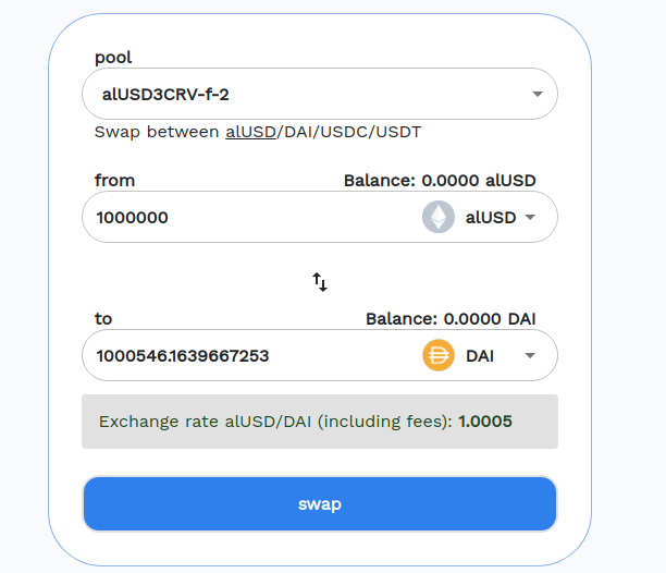 scupytrooples's tweet photo. You can trade 1 million alUSD with positive slippage for DAI right now. Imagine depositing two million DAI into Alchemix and then immediately getting a 1 million DAI advance while the yield from your underlying DAI pays it off. What would you do with a risk-free million dollars? https://t.co/DQmUEupSvJ